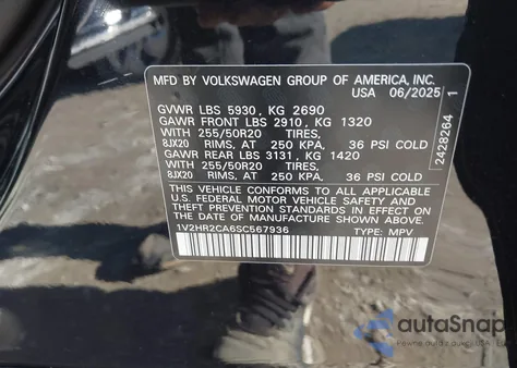 2025 Volkswagen Atlas 2.0T Se W/Technology from USA, damaged, VIN 1V2HR2CA6SC567936